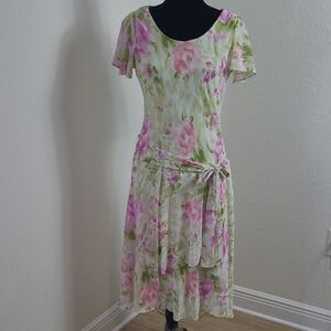 Emma James Pink and Green Floral Midi Dress Size 10
